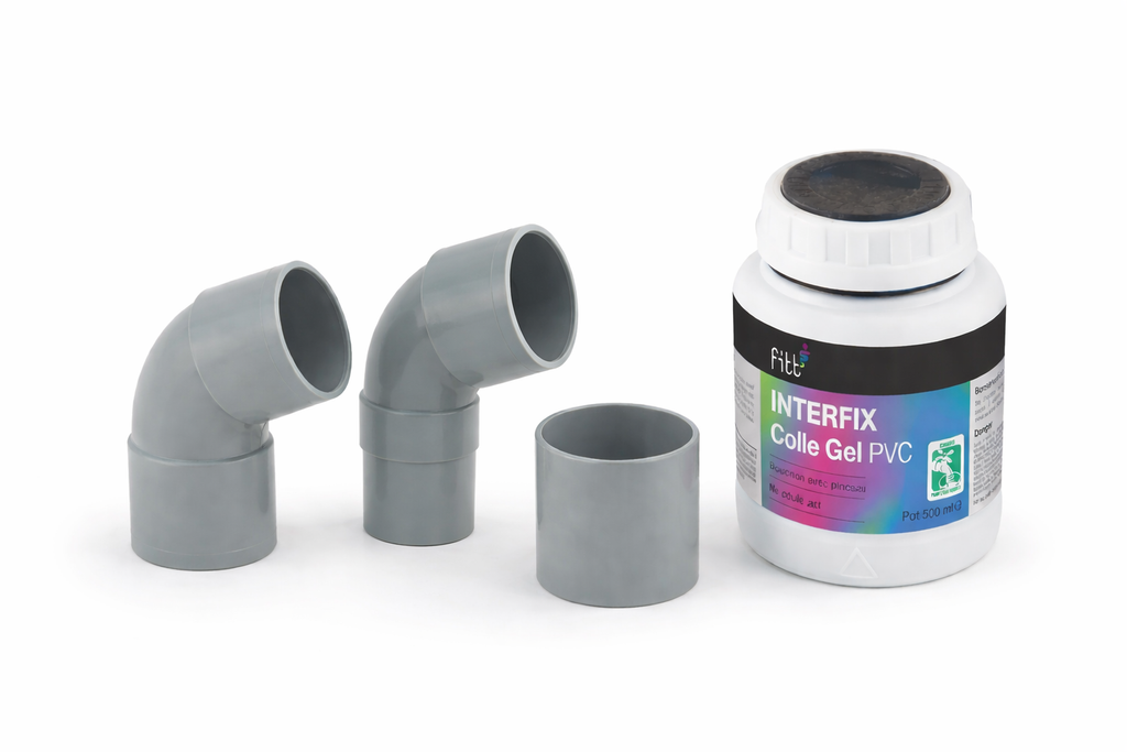 Kit évacuation PVC Ø40 – Double angle + manchon + colle