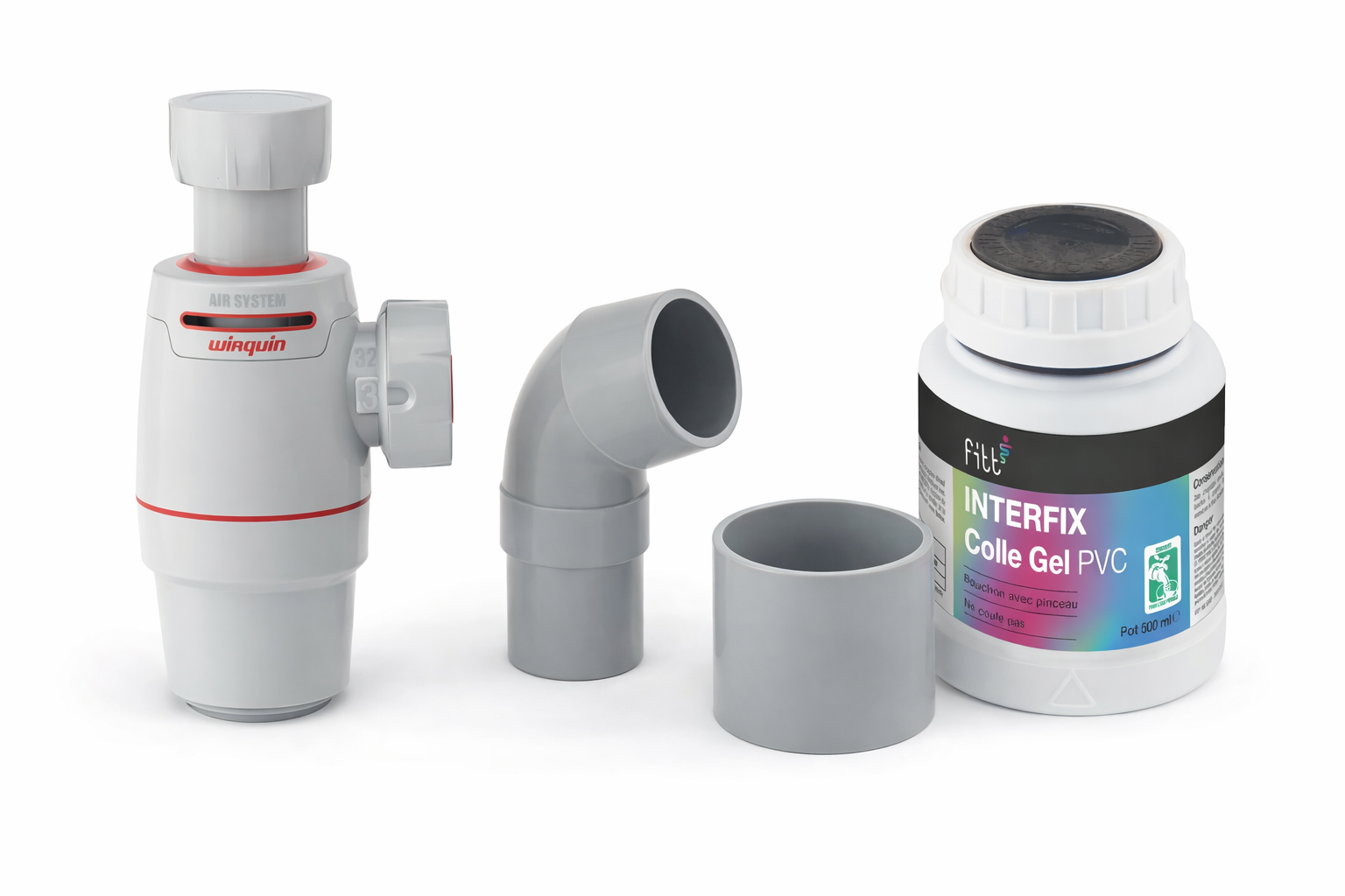 Kit raccordement évier Ø40 – Siphon + raccords + colle